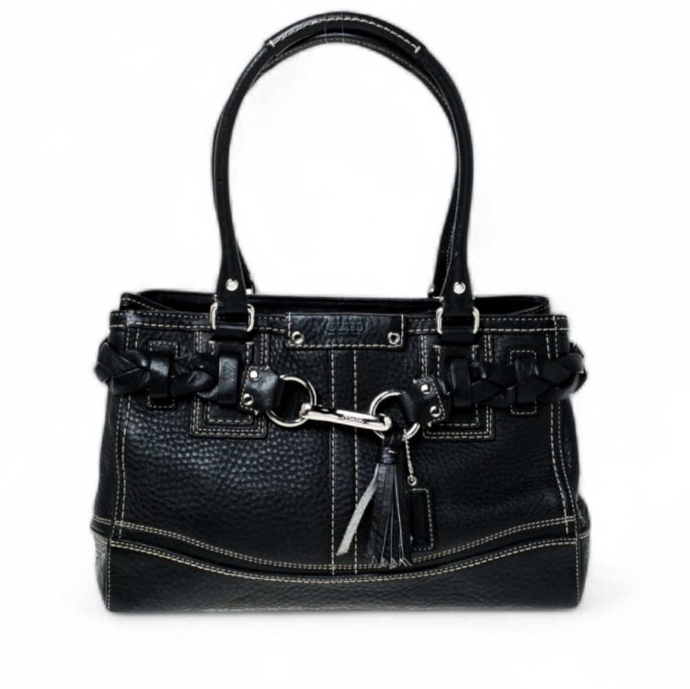 COACH HAMPTONS BRAIDED SATCHEL Black Pebbled Leather, silver-tone hardware EUC - Picture 13 of 13